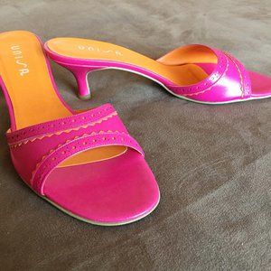 UNISA ORANGE/PINK LTHER KITTEN HEEL SANDALS SIZE 7